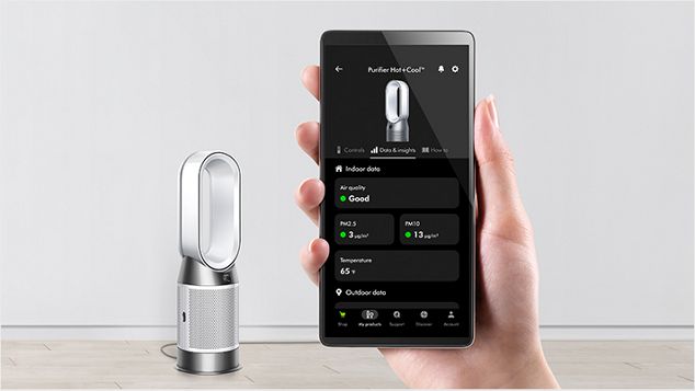 The Dyson Purifier Hot+Cool HP11 heating purifier being controlled remotely via the MyDyson app.