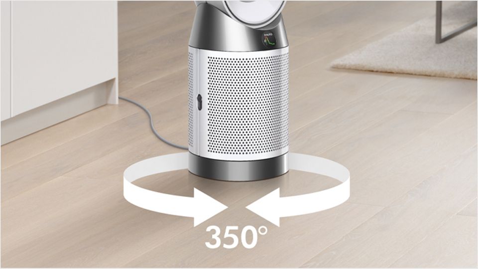 The Dyson Purifier Hot+Cool HP11 heating purifier oscillating 350 degrees.