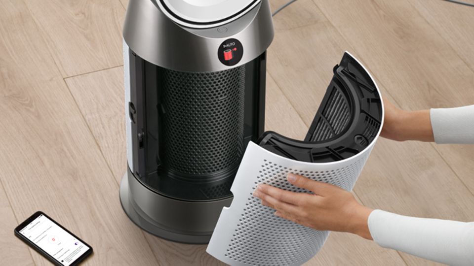 The Dyson Purifier Hot+Cool HP11 heating purifier filter being removed.