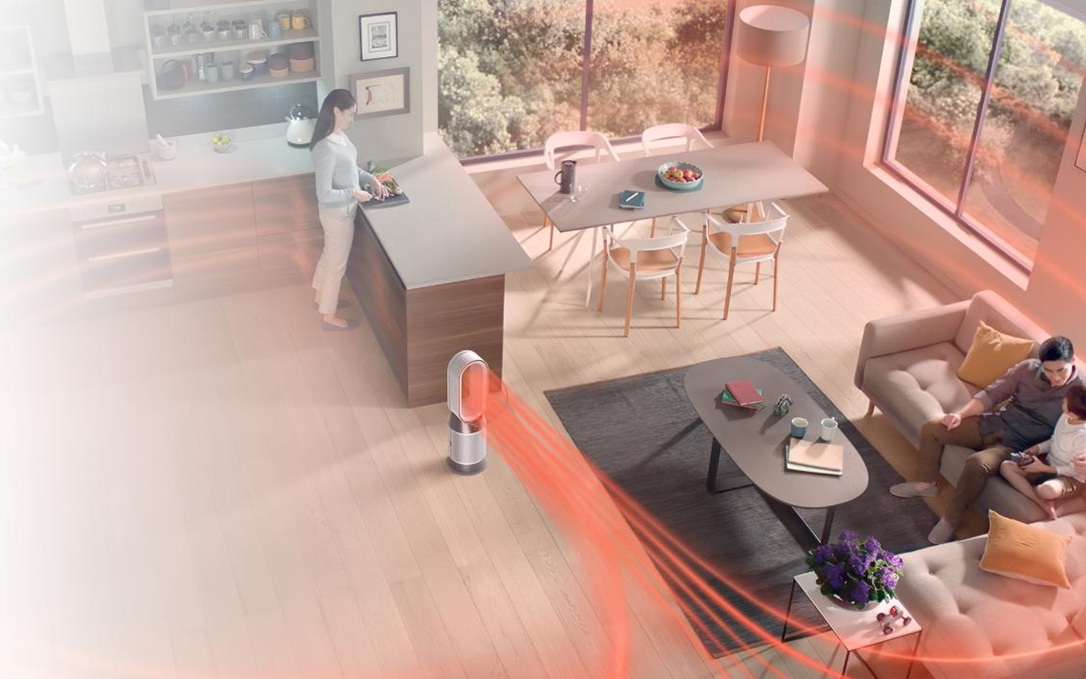 The Dyson Purifier Cool HP11 air purifier purifying and heating air in a large room.