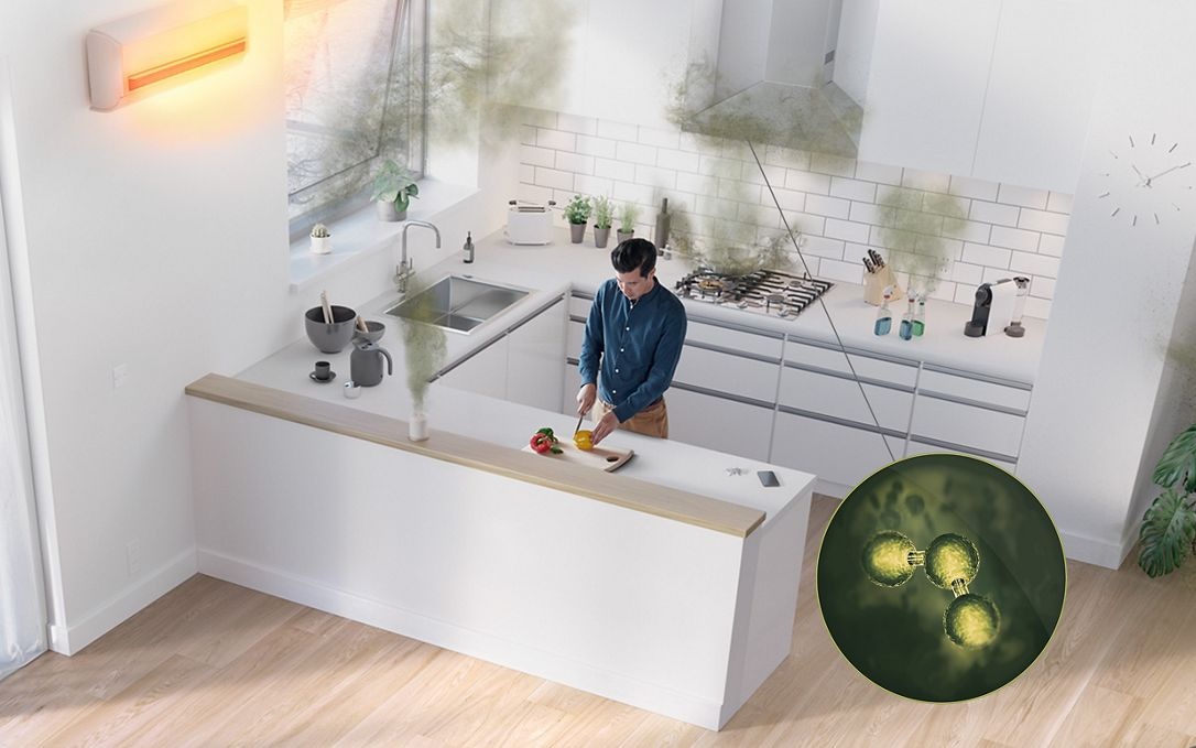 The Dyson Purifier Hot+Cool HP1 heating purifier removing gas from a kitchen.