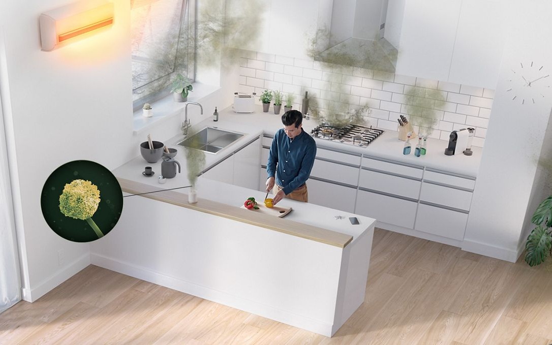 The Dyson Purifier Hot+Cool HP1 heating purifier reducing mould in a kitchen.