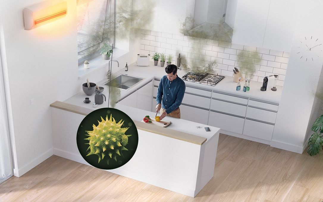 The Dyson Purifier Hot+Cool HP11 heating purifier reducing pollen in a kitchen.
