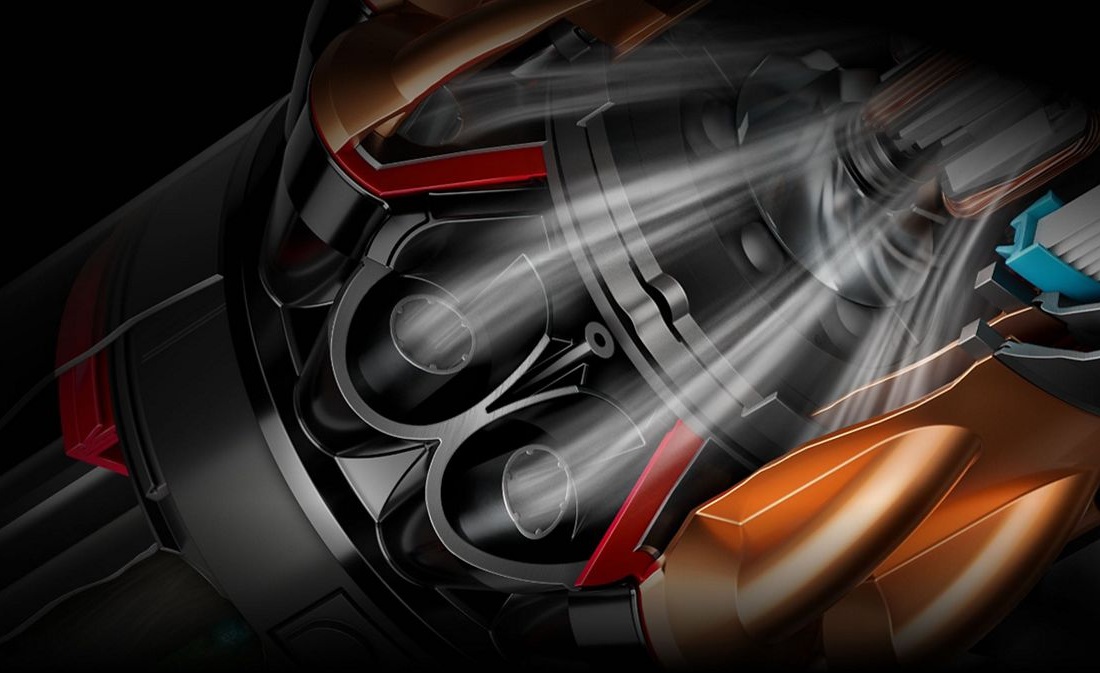A cutaway of the cyclones in the Dyson Piston Animal vacuum.