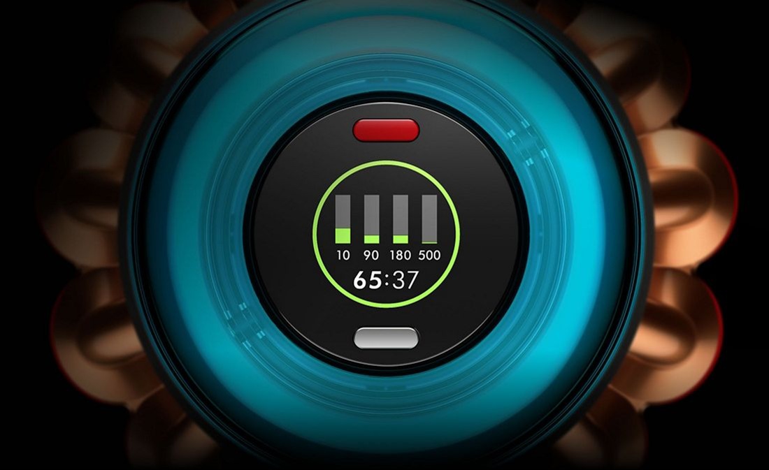 A closeup of the LCD screen on the Dyson Piston Animal vacuum.